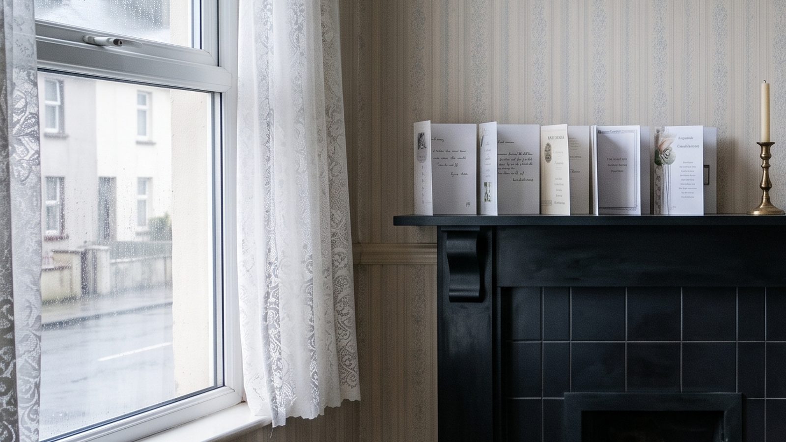 Sympathy cards along a mantelpiece beside an unlit candle, lit by grey rain-streaked light from a sash window.